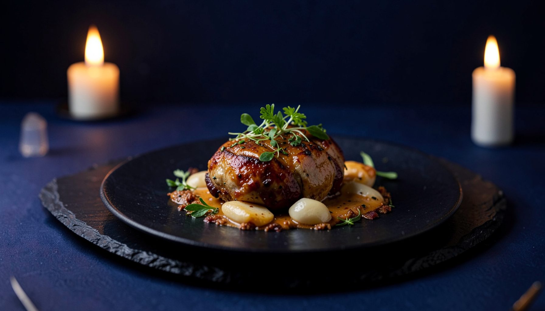 A beautifully plated European dish on a dark slate plate, garnished with fresh herbs, under warm candlelight against a deep indigo backdrop