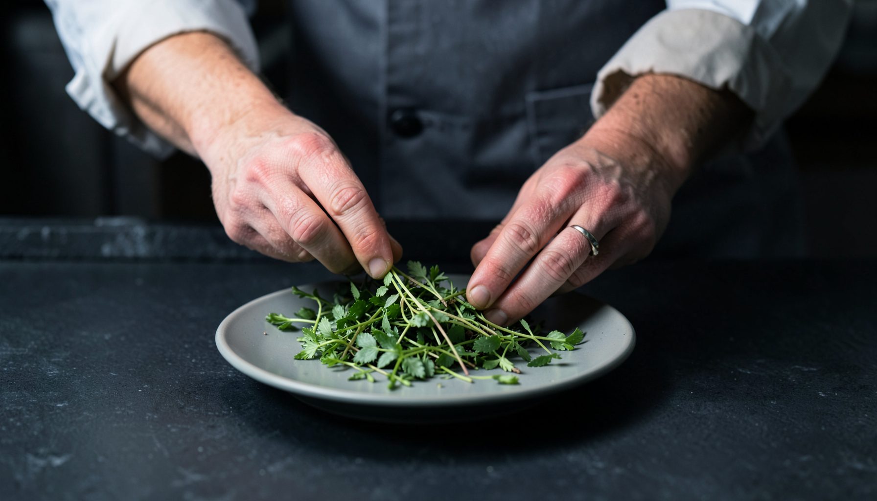 A chef's hands arranging fresh herbs on a plate, dark slate surface, deep green and charcoal tones