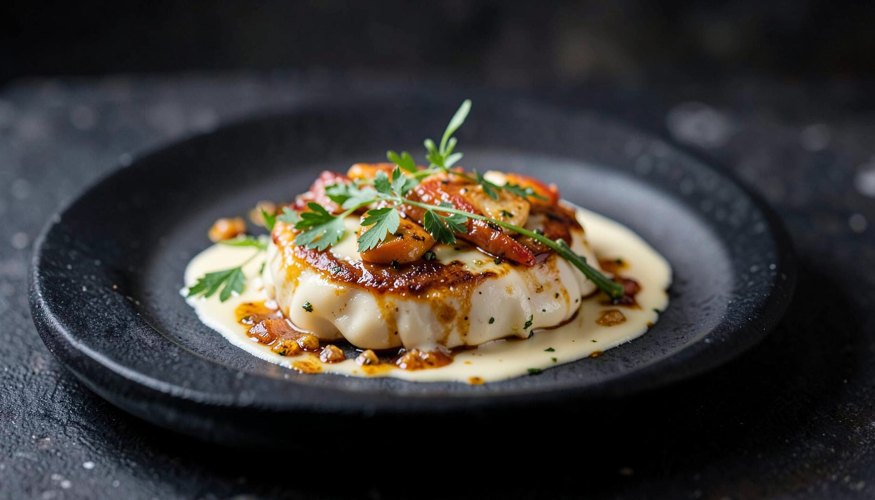 A beautifully plated European dish on dark stoneware, garnished with fresh herbs, warm amber and cream tones