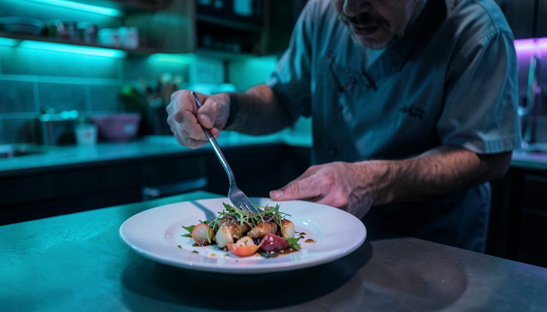 A composed line-cook plating a dish with precision, cool teal and violet ambient glow, sleek bistro kitchen