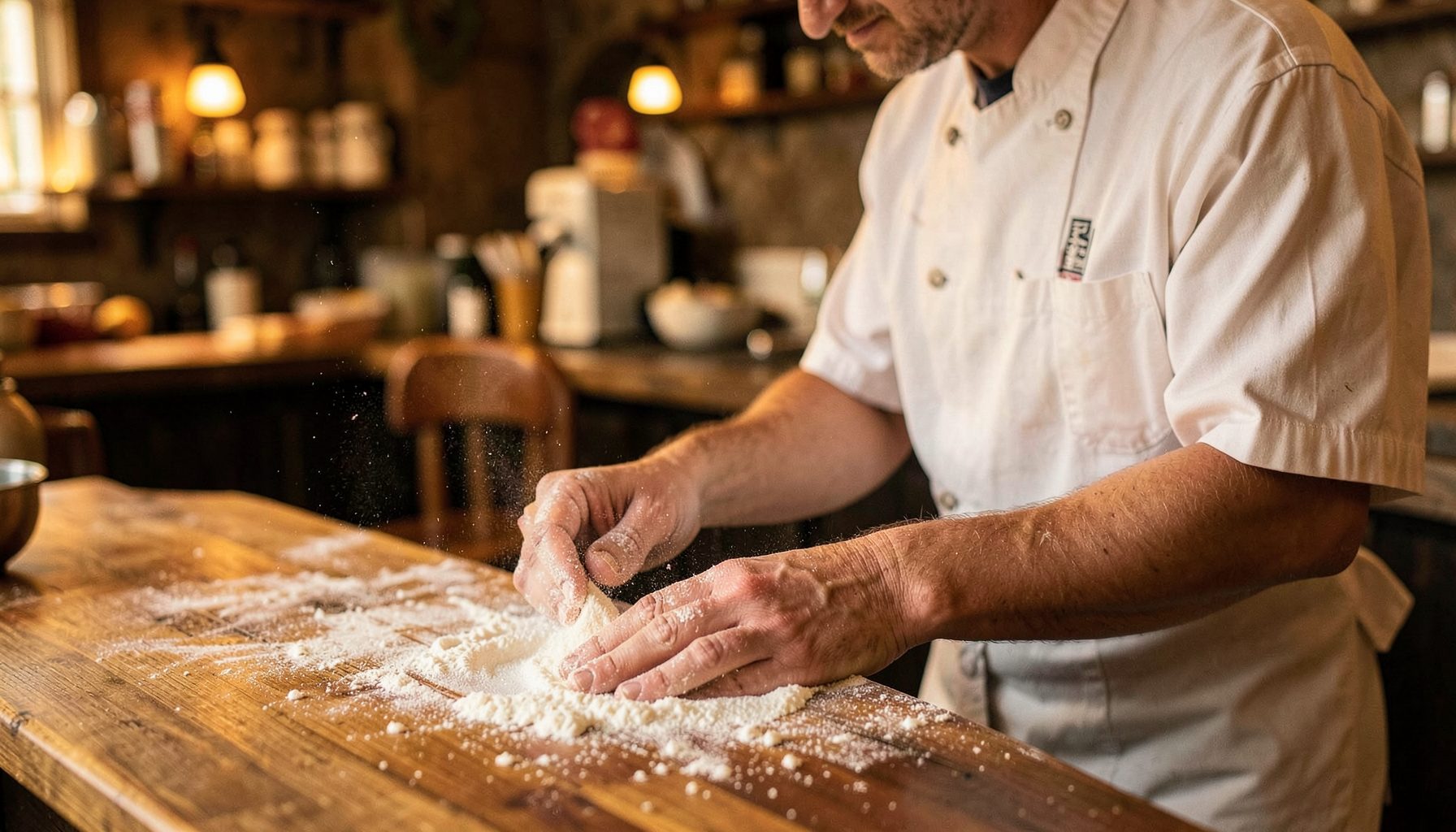 A focused pastry chef hands dusting flour on a wooden counter, warm golden tones, rustic bistro atmosphere