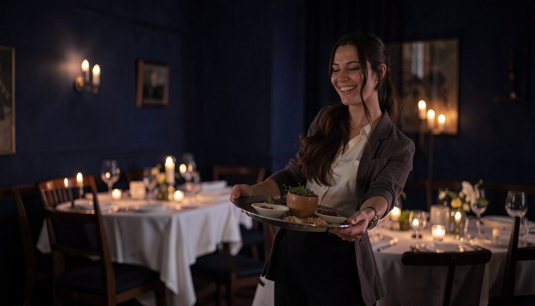 A friendly server carrying a tray through a softly lit dining room, deep indigo walls, warm candlelight glow