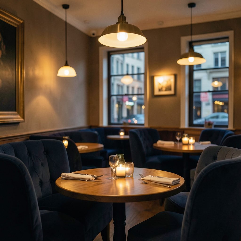 A softly lit bistro interior with warm amber and deep navy tones, plush seating, and gentle pendant lighting