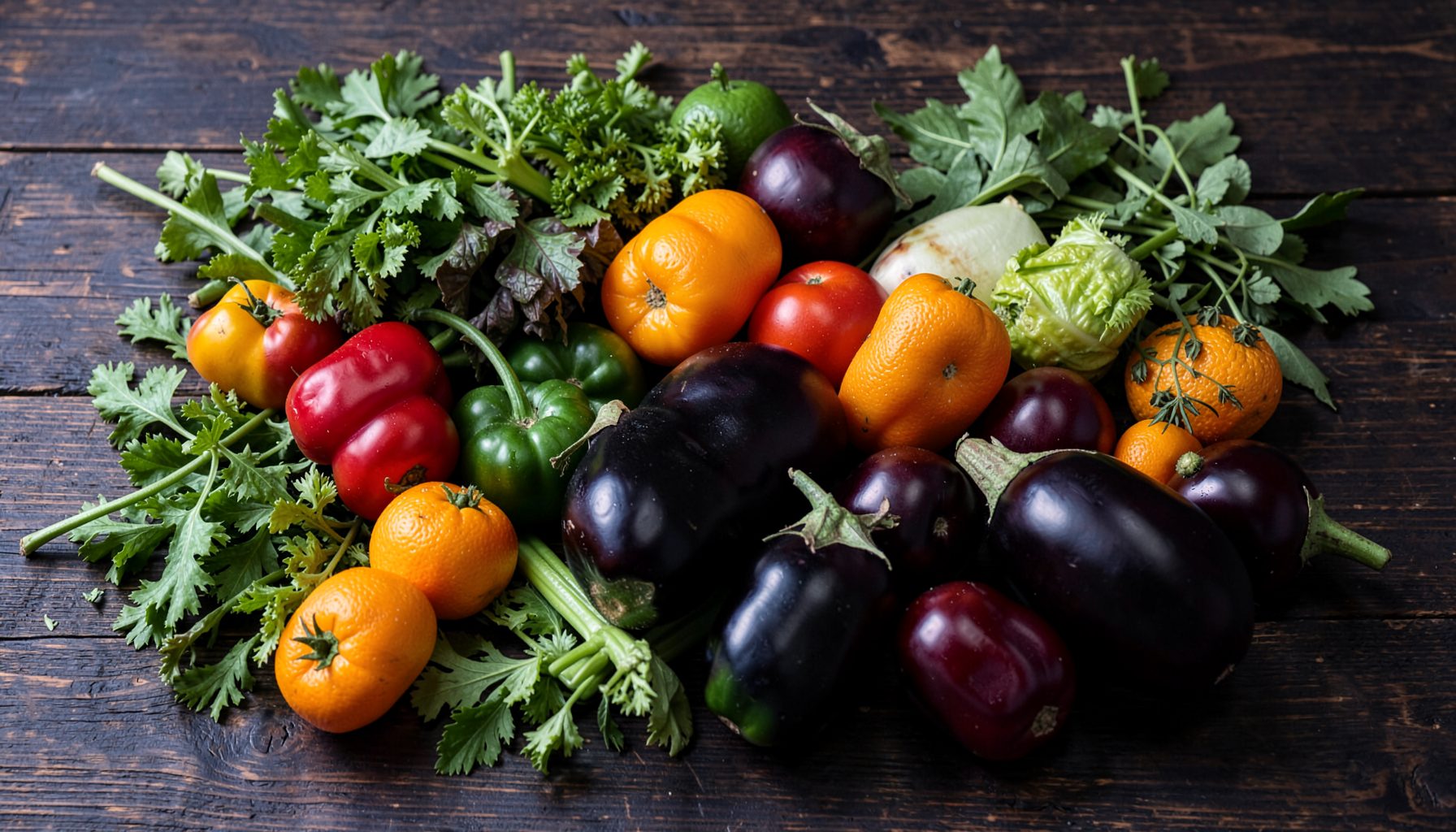 A spread of colourful seasonal vegetables on a dark wooden table, rich greens, oranges, and deep aubergine tones