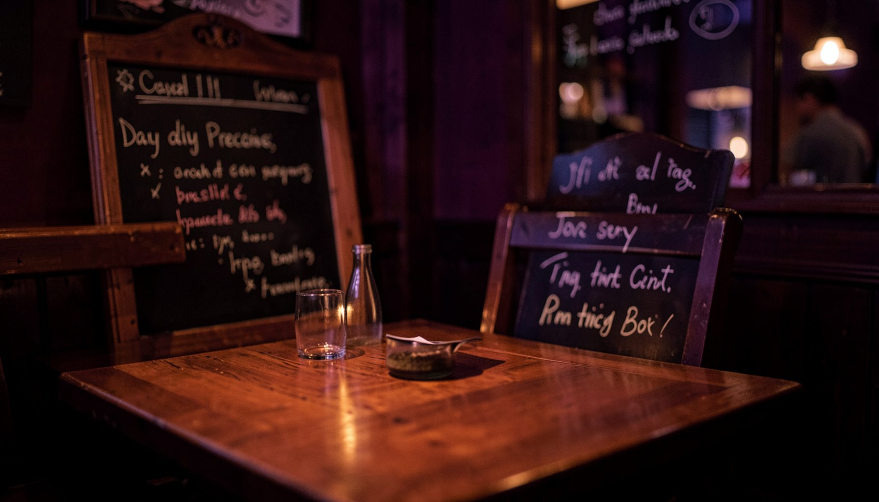 A warm, softly lit bistro table with a chalkboard displaying handwritten daily specials, rich dark wood tones and deep plum hues