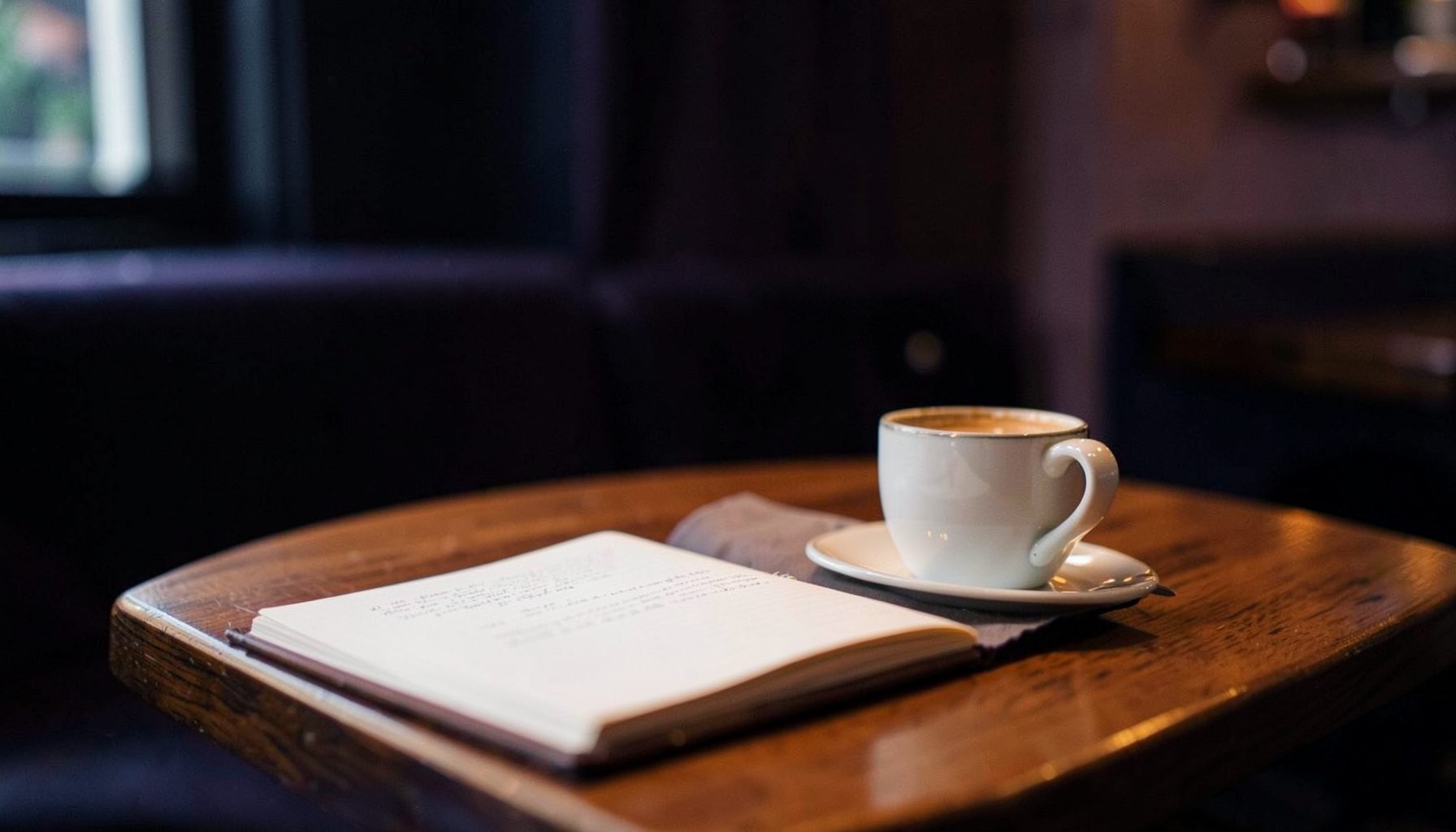 A warm, softly lit bistro table with an open notebook and a cup of coffee, deep navy and plum tones in the background
