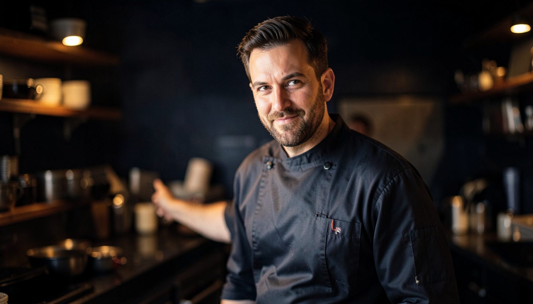 A warm-toned portrait of a chef in a dark bistro kitchen, soft amber lighting, deep navy and charcoal background