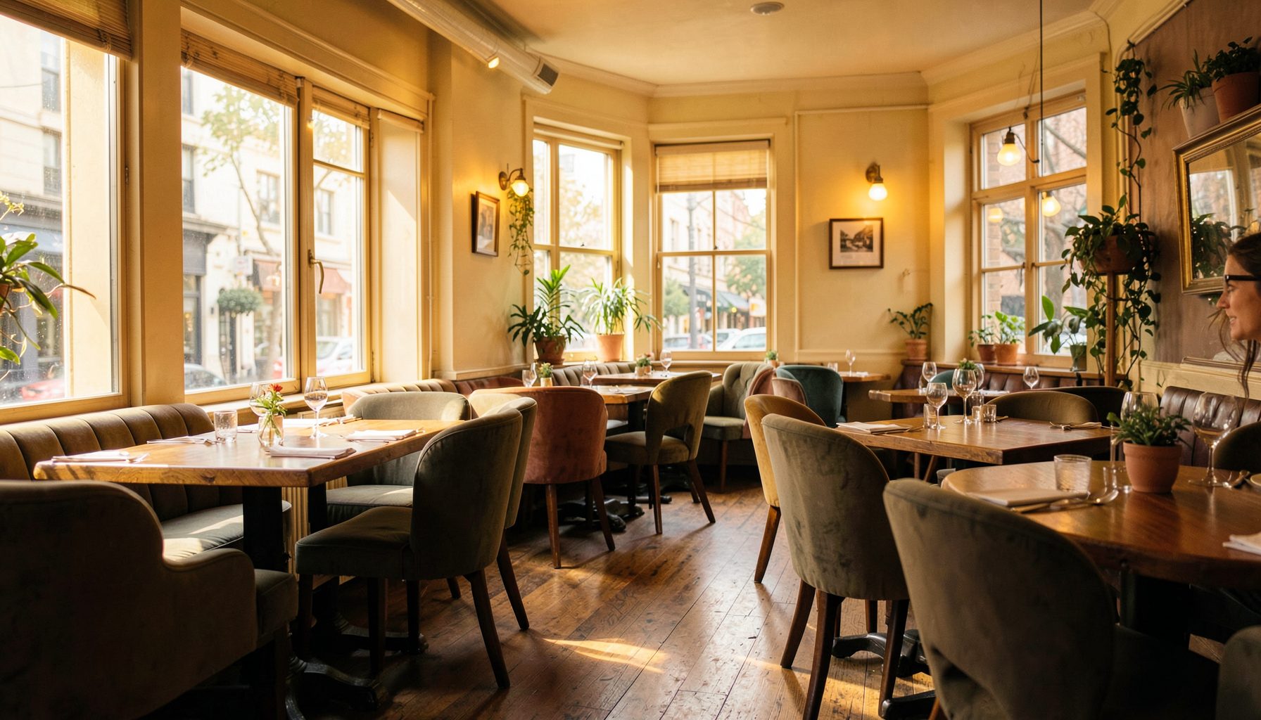 A wide view of a cozy bistro space bathed in warm golden light, with wooden tables, upholstered chairs, and large windows