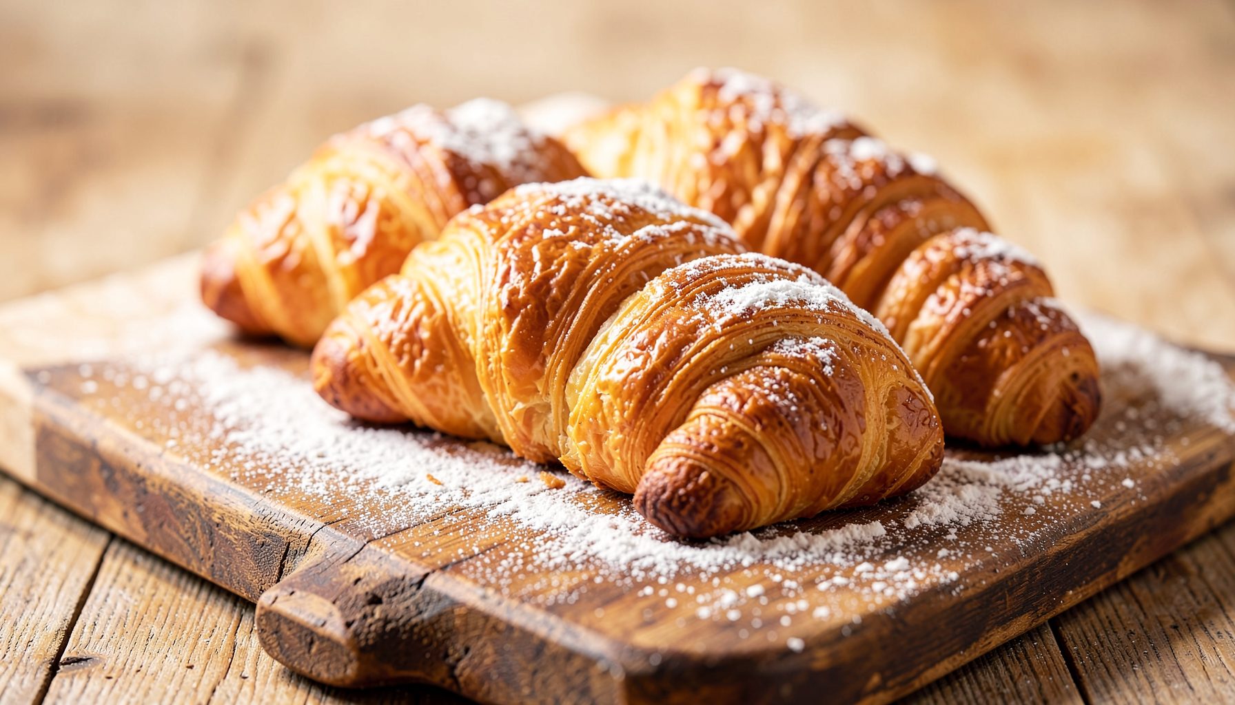 Freshly baked croissants on a rustic wooden board, golden brown with a dusting of flour, warm amber and cream tones