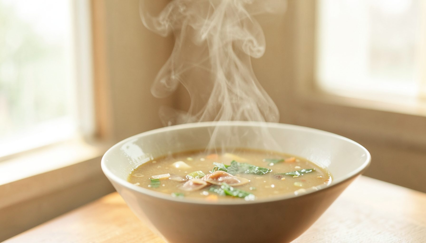Steam rising from a bowl of soup, soft daylight through a window, cream and pale gold tones