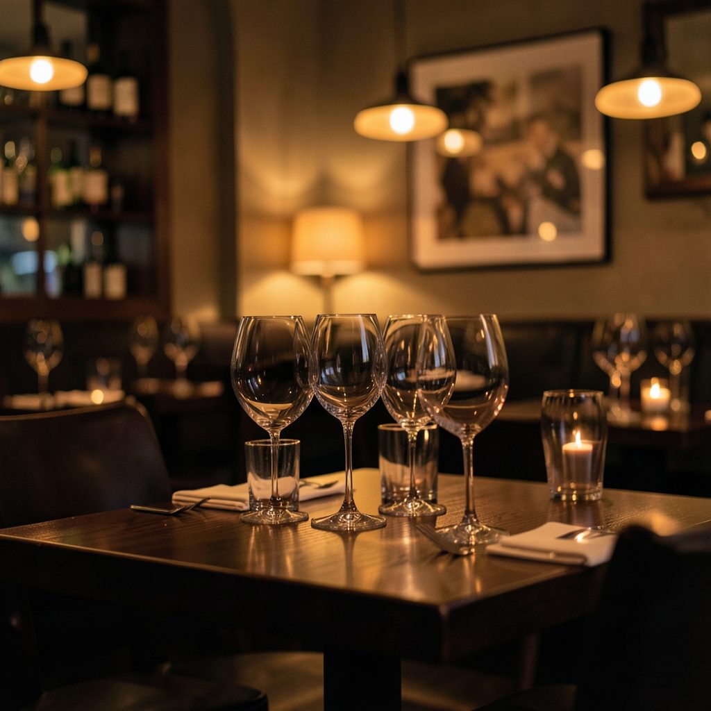 Warm bistro interior with soft amber lighting, dark wood tables, and a gentle glow reflecting off polished glassware, creating an intimate European atmosphere